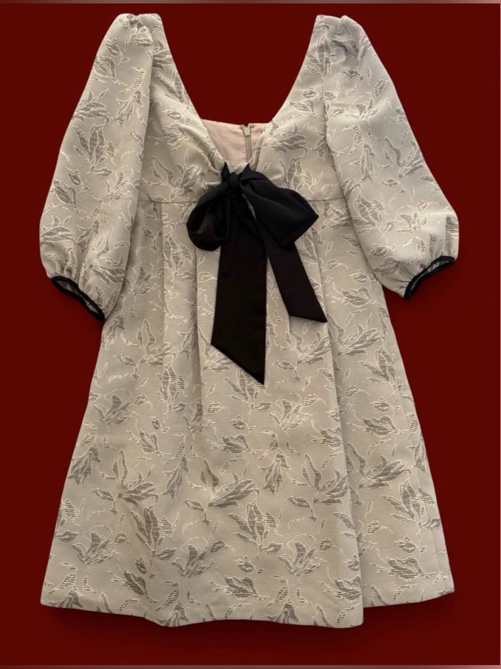 Vintage BCBG Cream Tailored Dress with Gray Flowers Damask Black with Bow Detail